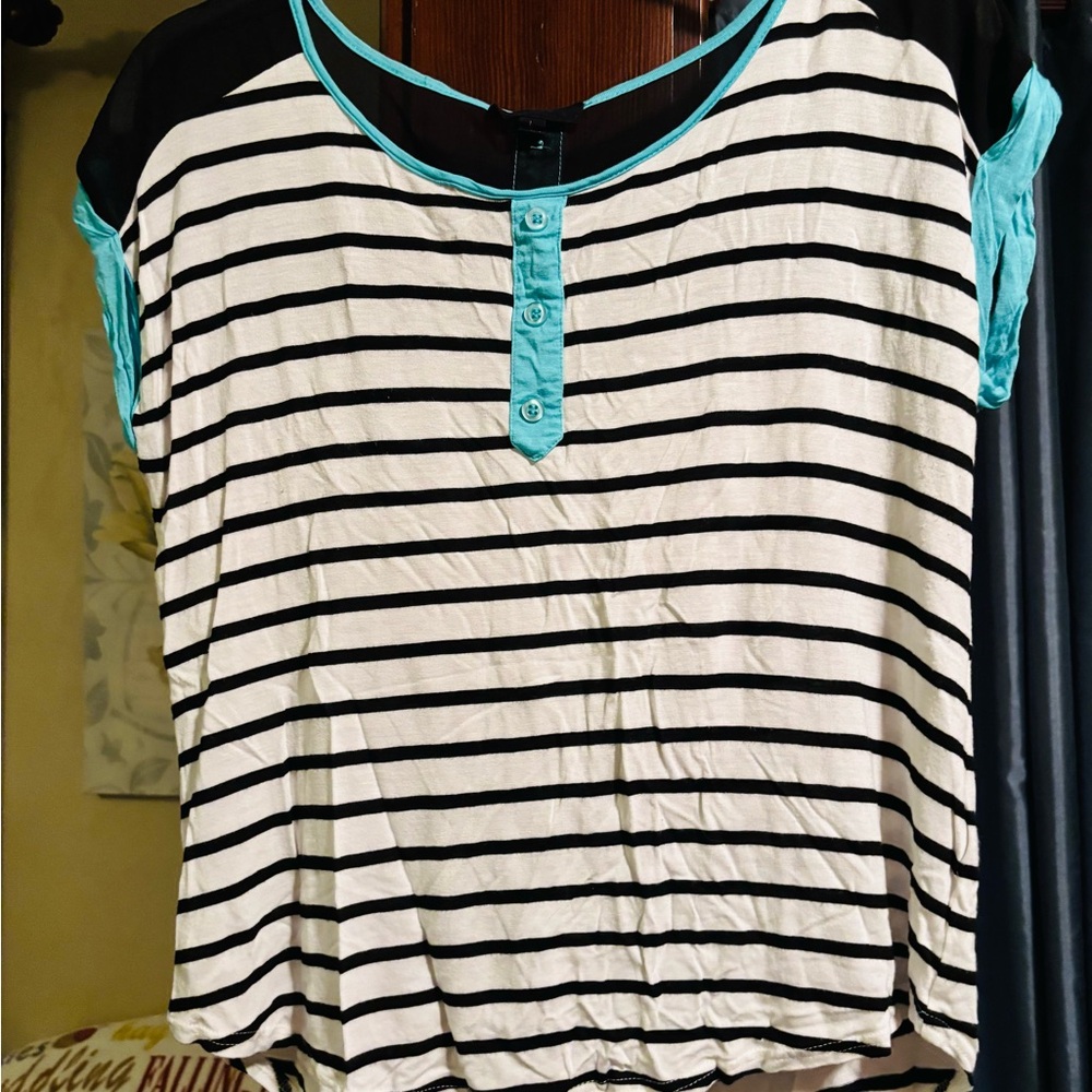 Mine Black and White Striped Tee with Teal Highlights